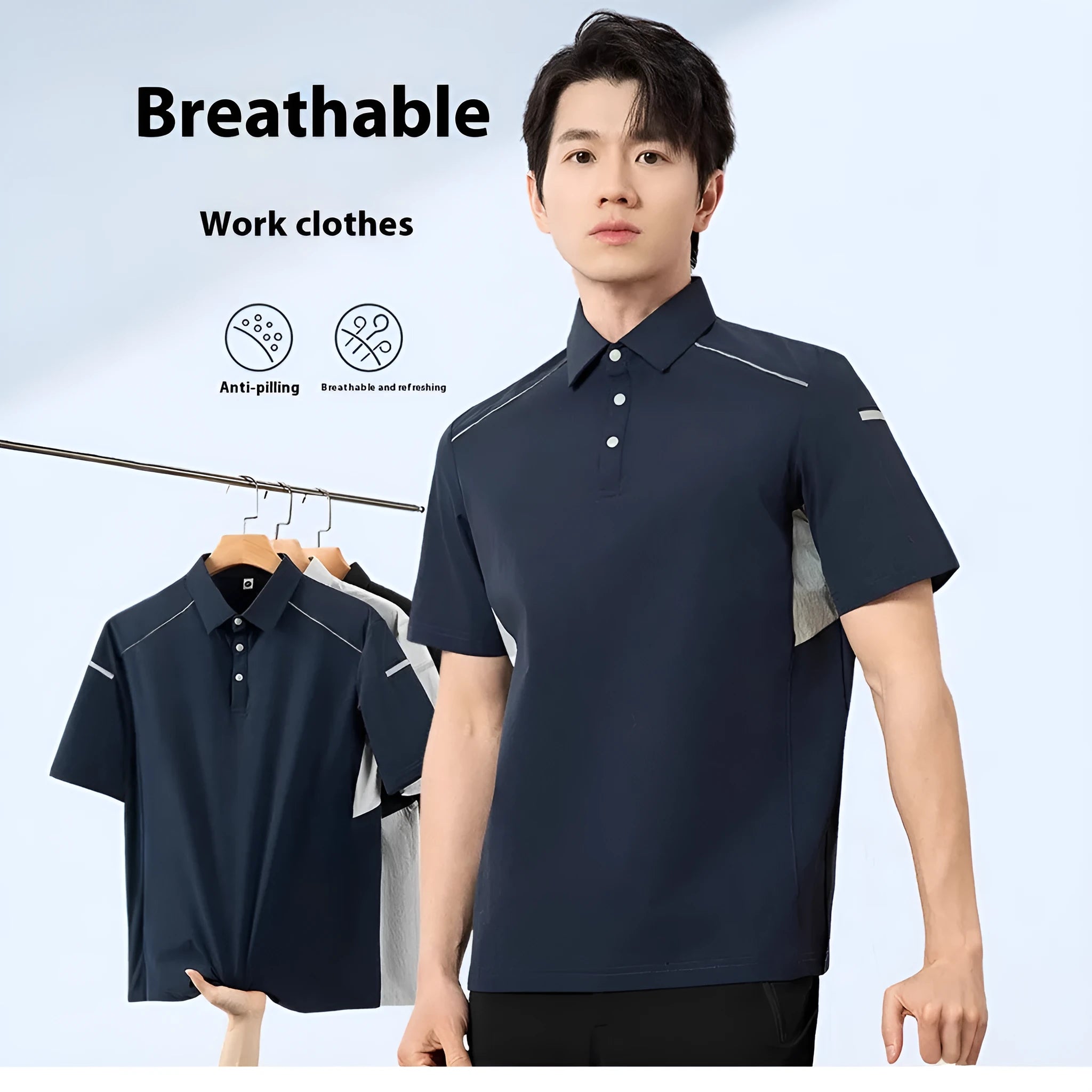 Short-sleeve work shirt in lightweight ice-feel fabric shown in silver-white-grey colour