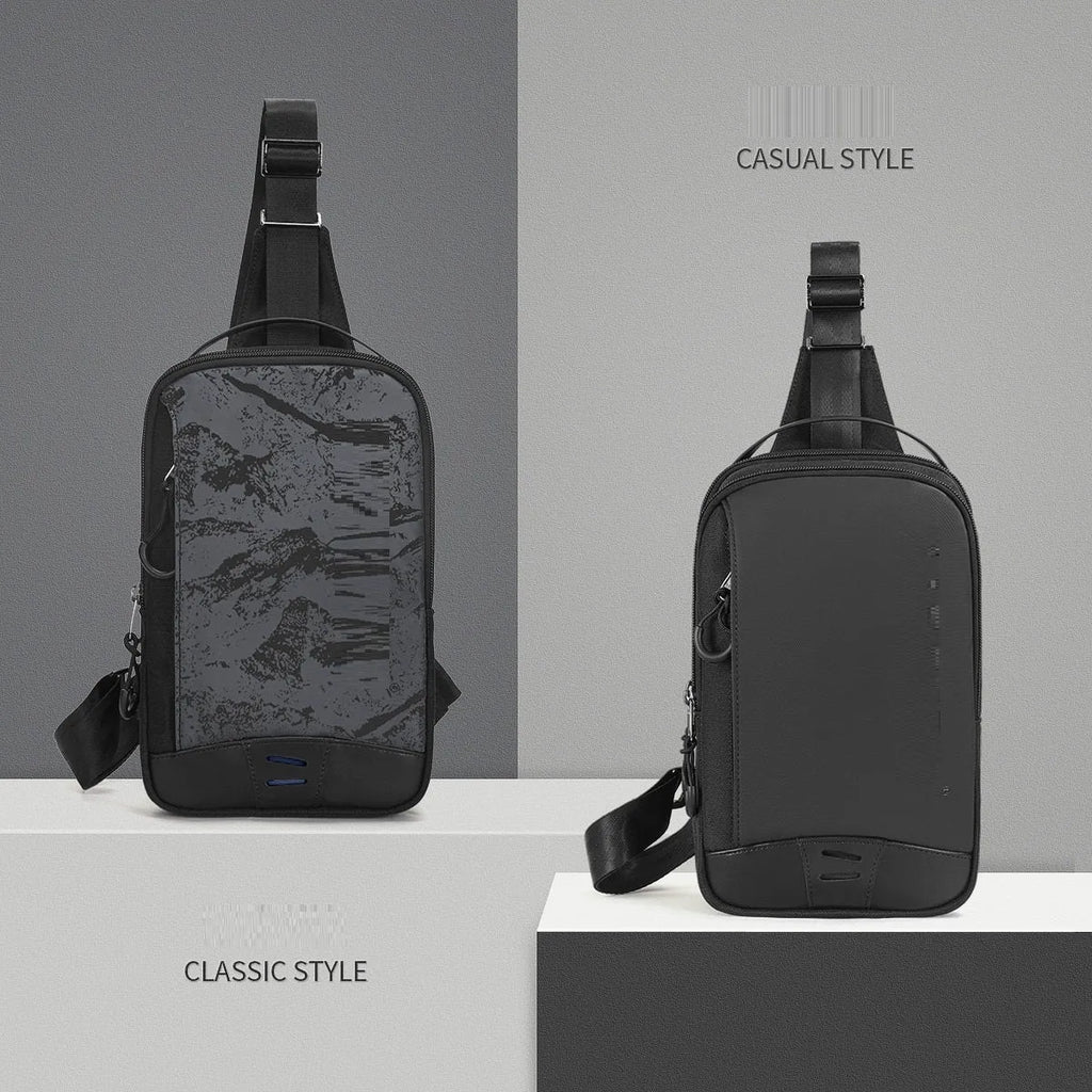 Casual black TPU camouflage chest bag with landscape pattern, showing single shoulder strap and soft handle