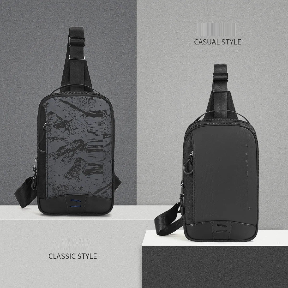 Casual black TPU camouflage chest bag with landscape pattern, showing single shoulder strap and soft handle