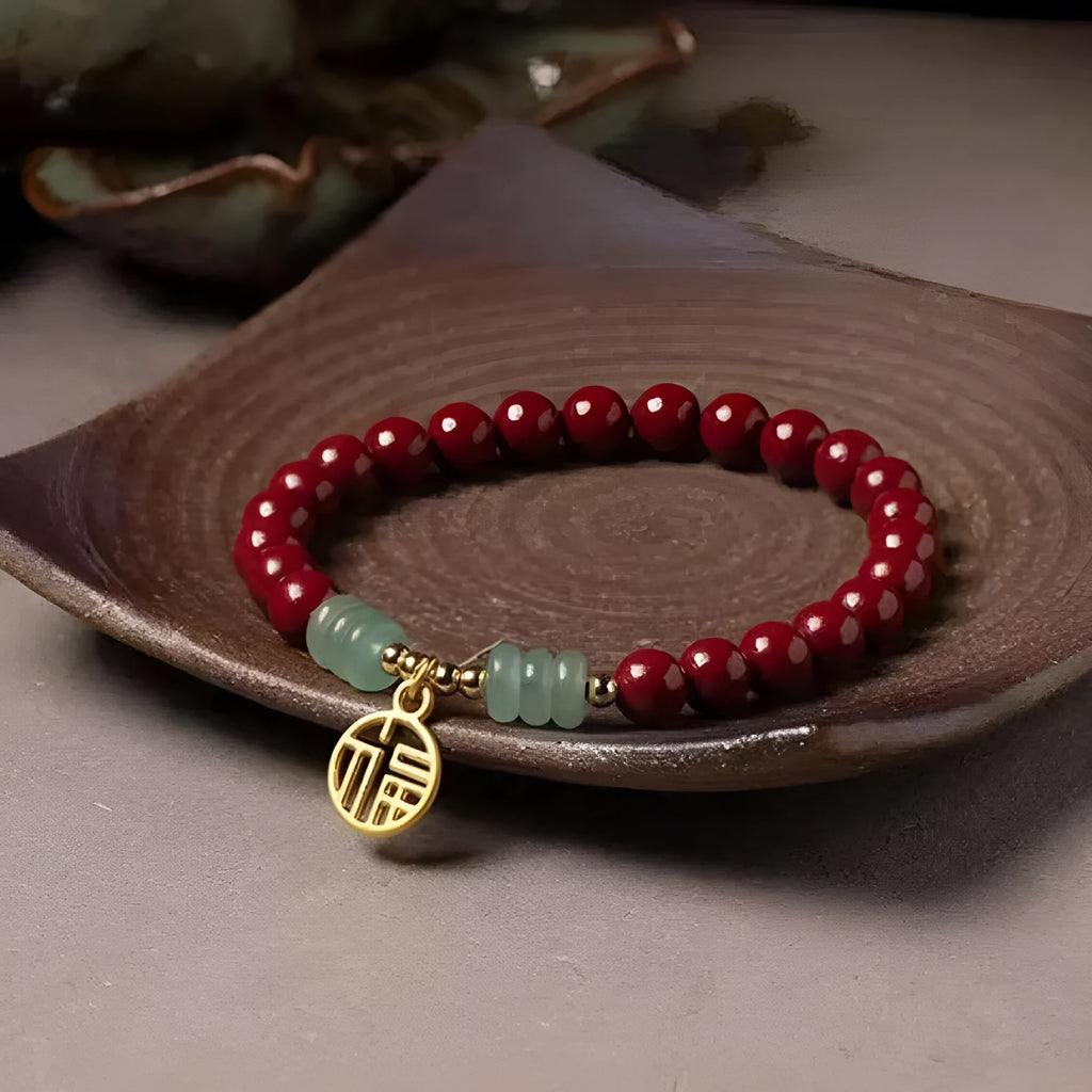 Gold cinnabar wave bracelet with solid copper beads in handcrafted national style design