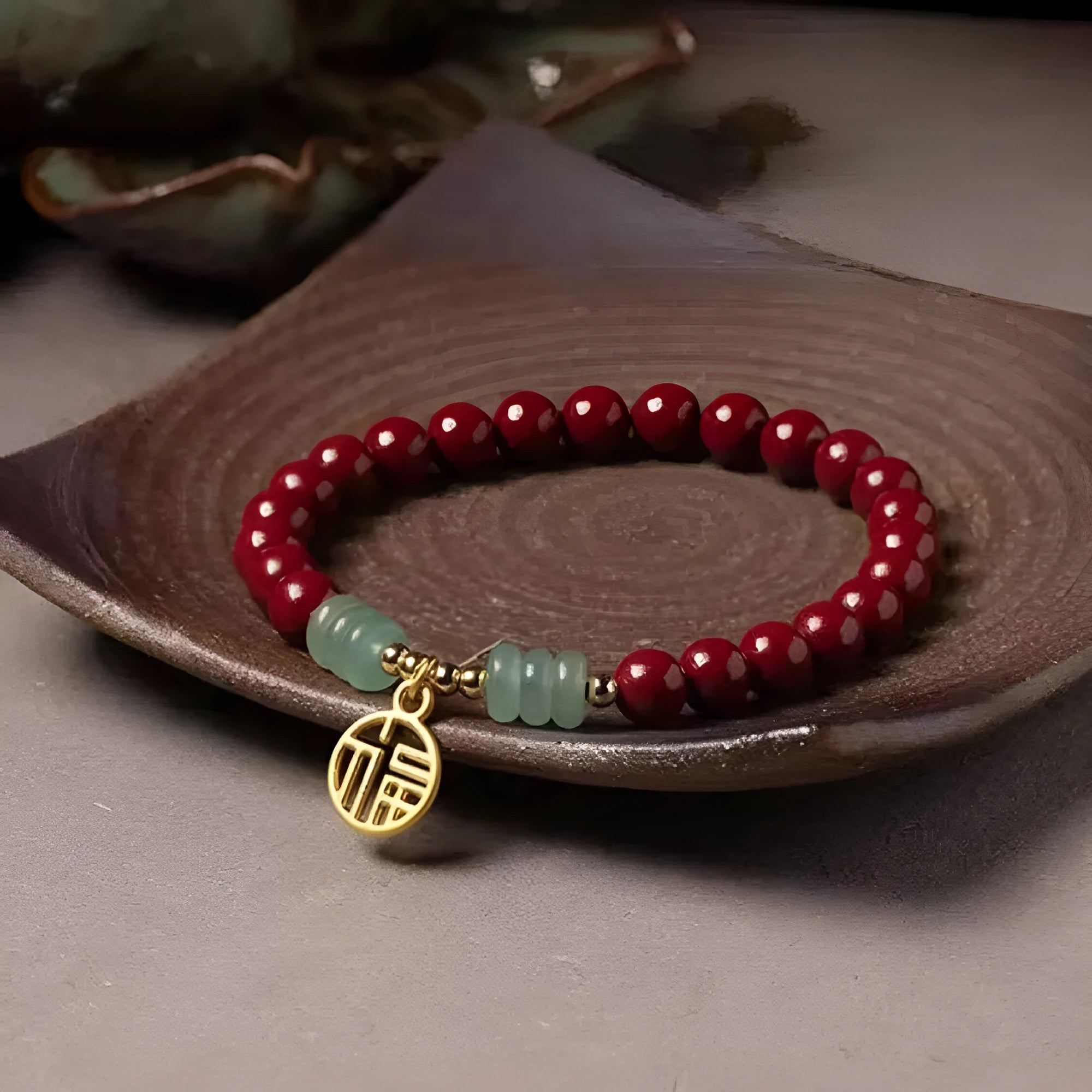 Gold cinnabar wave bracelet with solid copper beads in handcrafted national style design