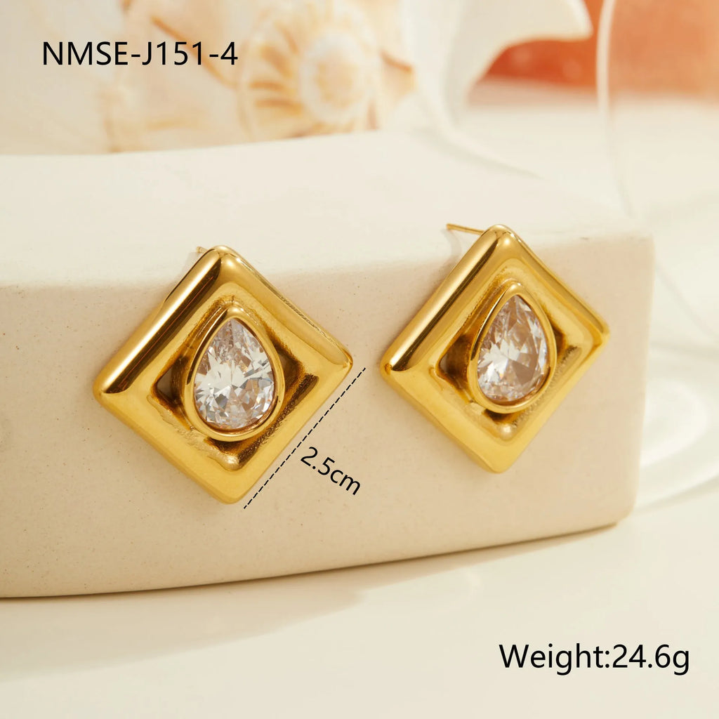 Gold geometric stud earrings with inlaid water drop zircon stones