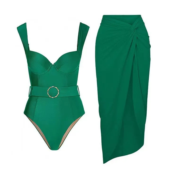 Women's sleeveless one-piece swimsuit with gauze skirt in polyester, available in five colours and sizes for swimming