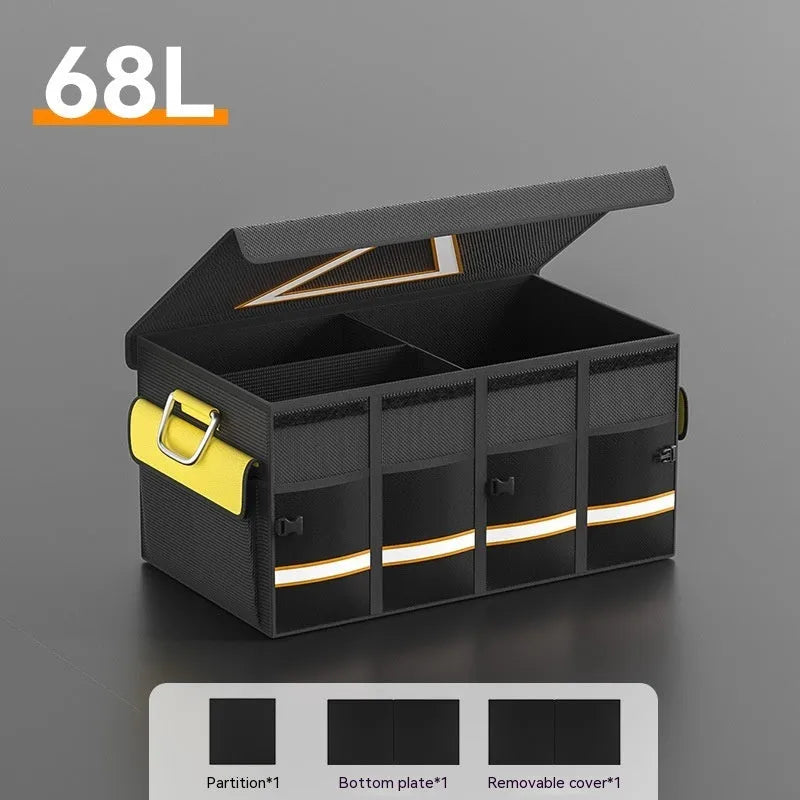 Black and yellow foldable car boot storage organiser bag with handle in three size options.