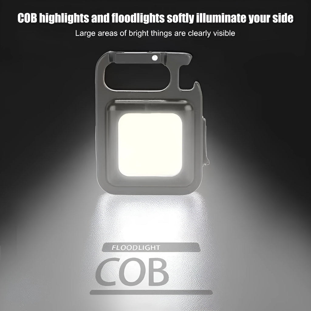 Mini keychain flashlight with COB LED, 400 lumens, USB rechargeable, three modes, hook and bottle opener.