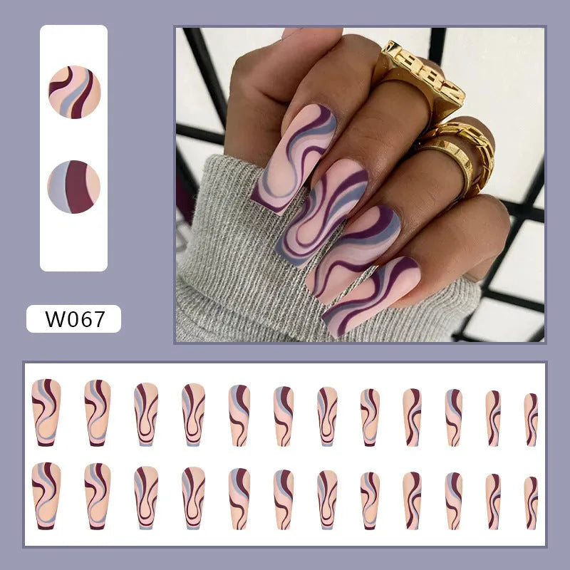 Ballet W067 Wave Line design nail stickers and jelly glue sachets on pink background