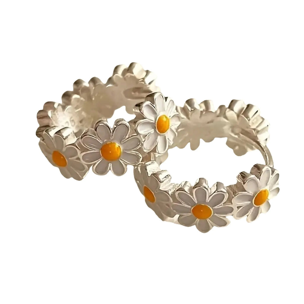 White daisy flower ring earrings with platinum inlaid gems on copper base with electroplated finish