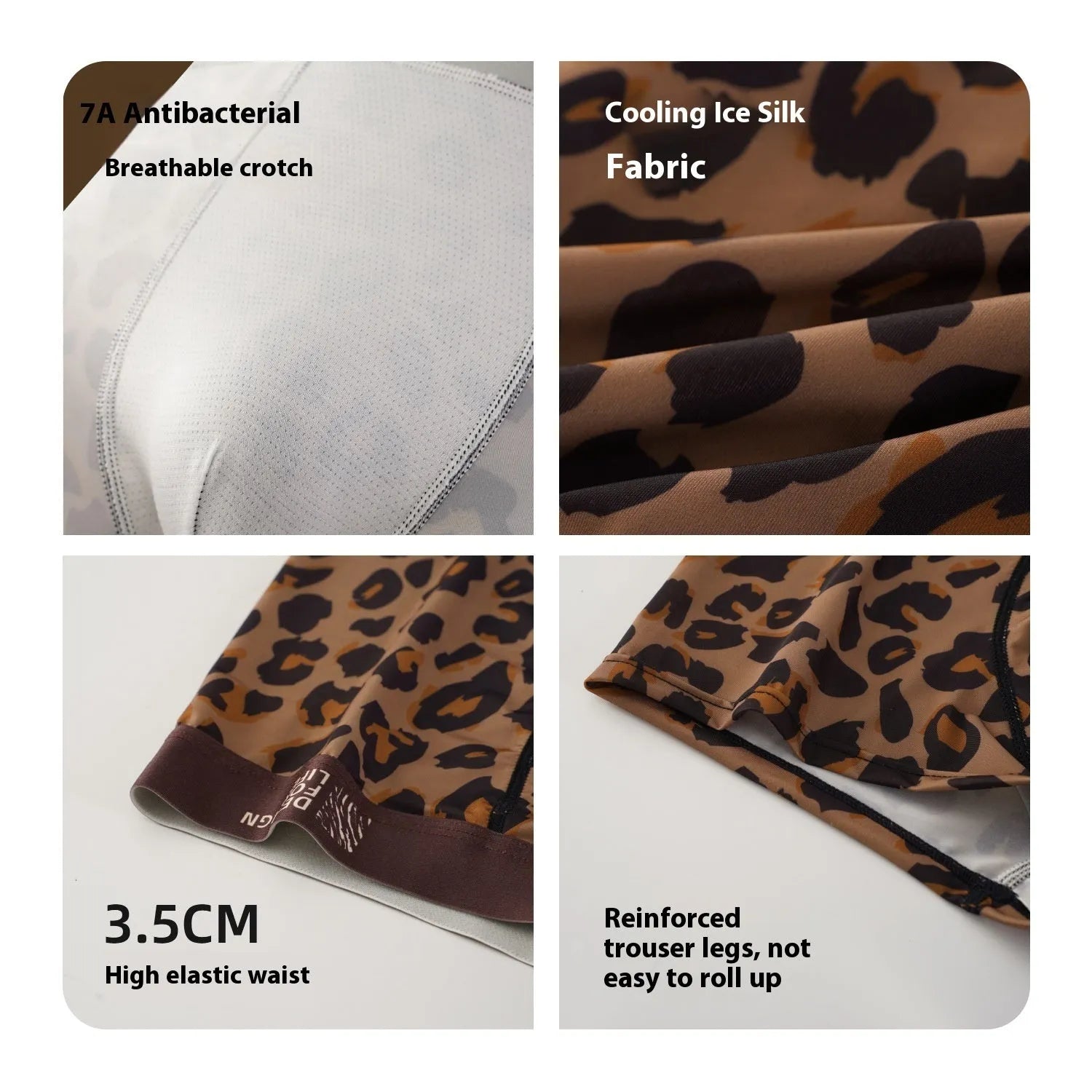 Men's leopard print pyjama trousers in lightweight ice silk polyester fabric.