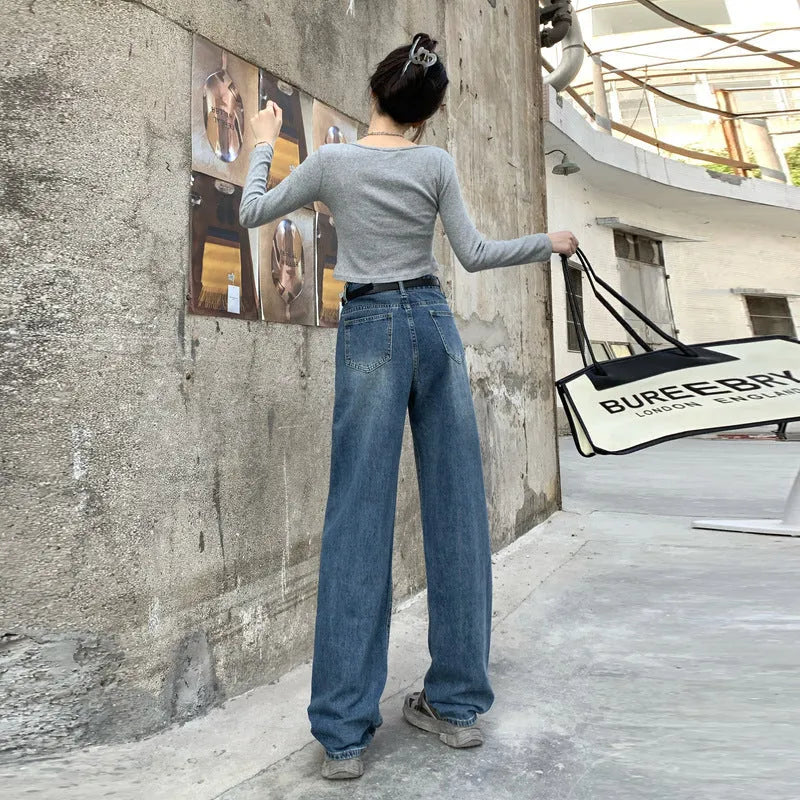 Women's retro blue straight-leg jeans with high-waist design on mannequin showing front and side views