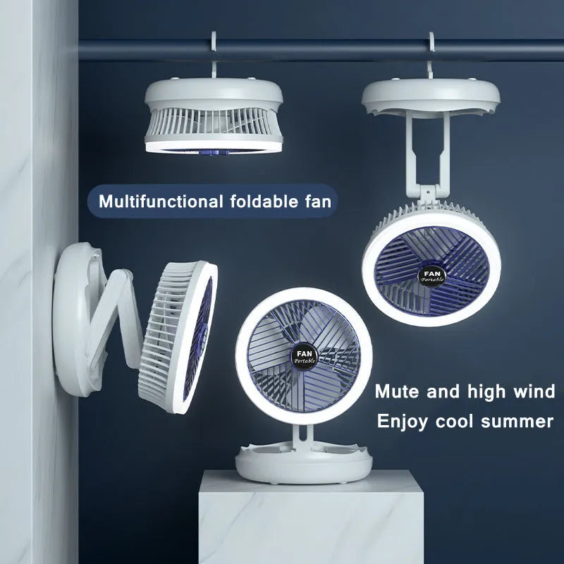 Blue foldable table fan with LED light showing 300° rotation angle and Type-C charging port