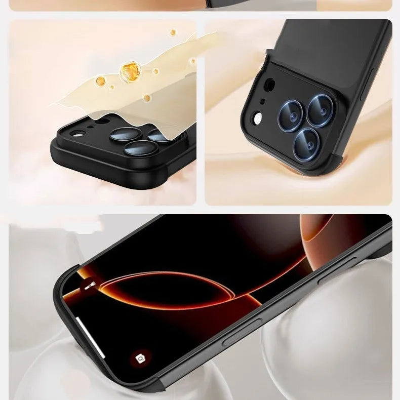 Transparent iPhone 17 phone case in black, orange, gray and desert colour