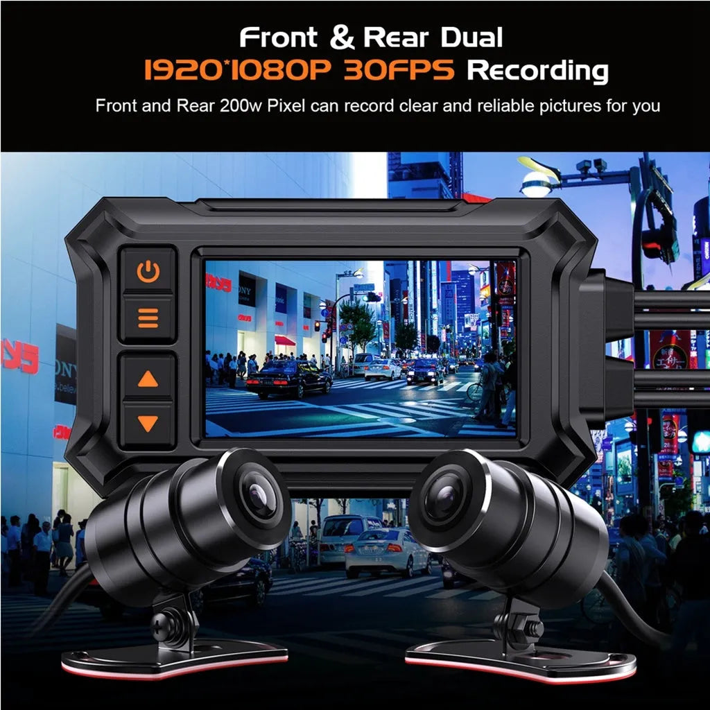 Motorcycle tachograph with dual lenses, GPS module, and waterproof housing for 1080P recording