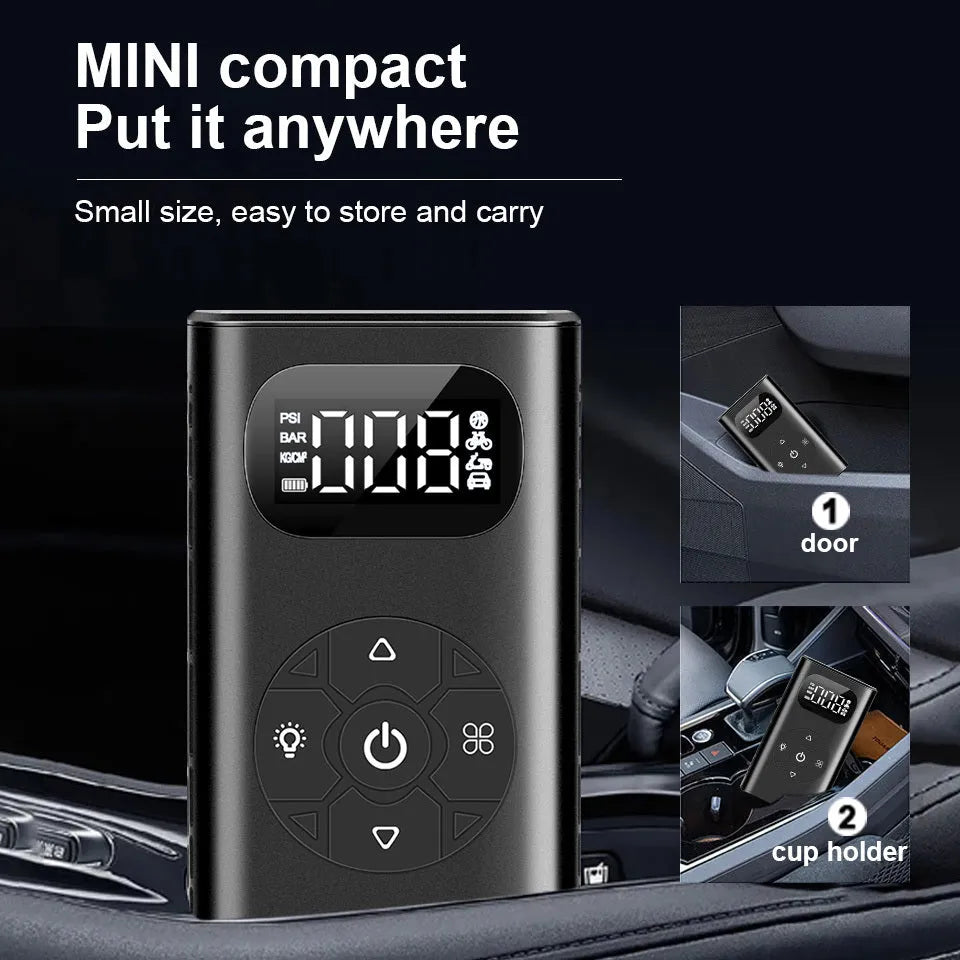 Black power bank tyre inflator with 16cm tube, 12x6.5x4.2cm size, for car motorcycle bicycle inflation