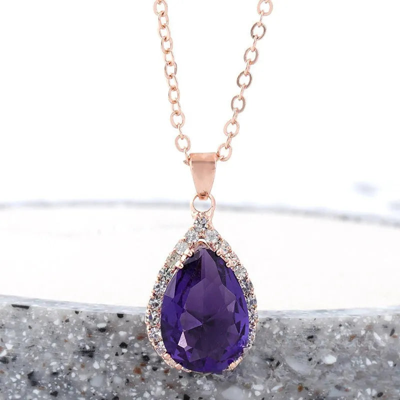 Water drop rose gold rhinestone necklace with adjustable chain and geometric pendant in multiple colours