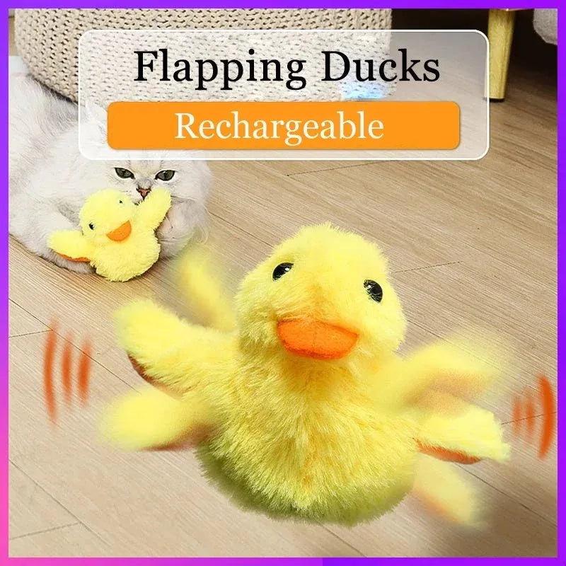 Yellow electric flapping duck cat toy with catnip and vibration sensor on plain background