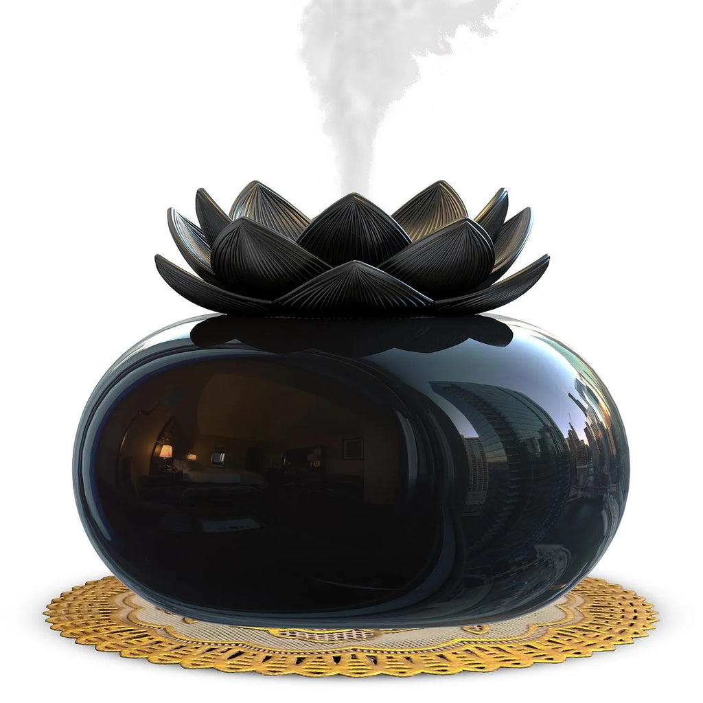 Black round ultrasonic humidifier with USB cable, ceramic aromatherapy component, and mechanical control dial