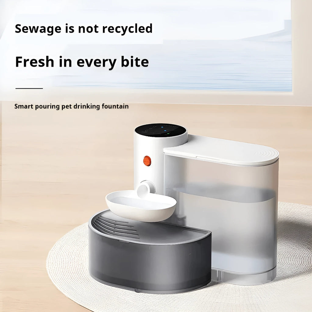 White cat water fountain with 3L tank and stainless steel drinking bowl on floor