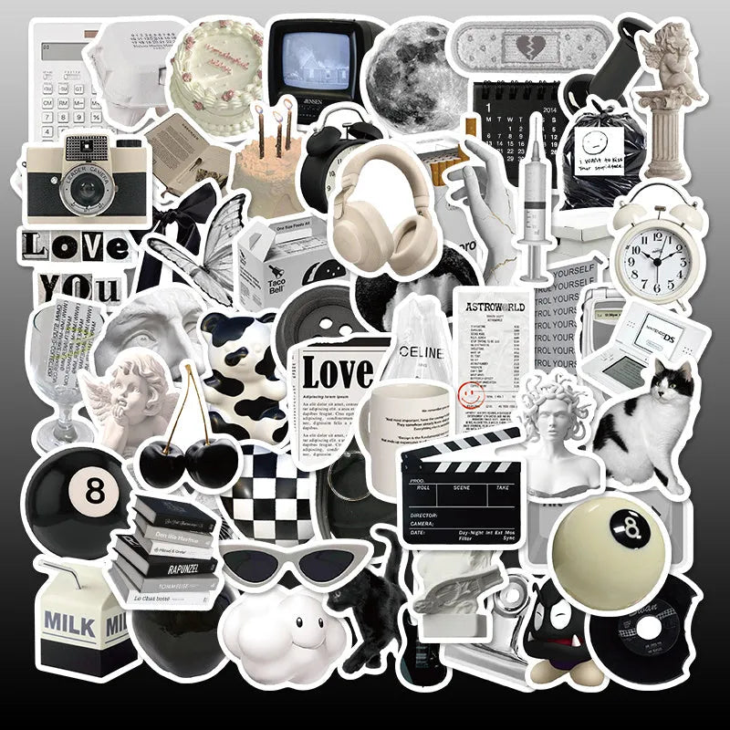 Black and white PVC waterproof sticker set with 61 designs for laptop and device personalisation