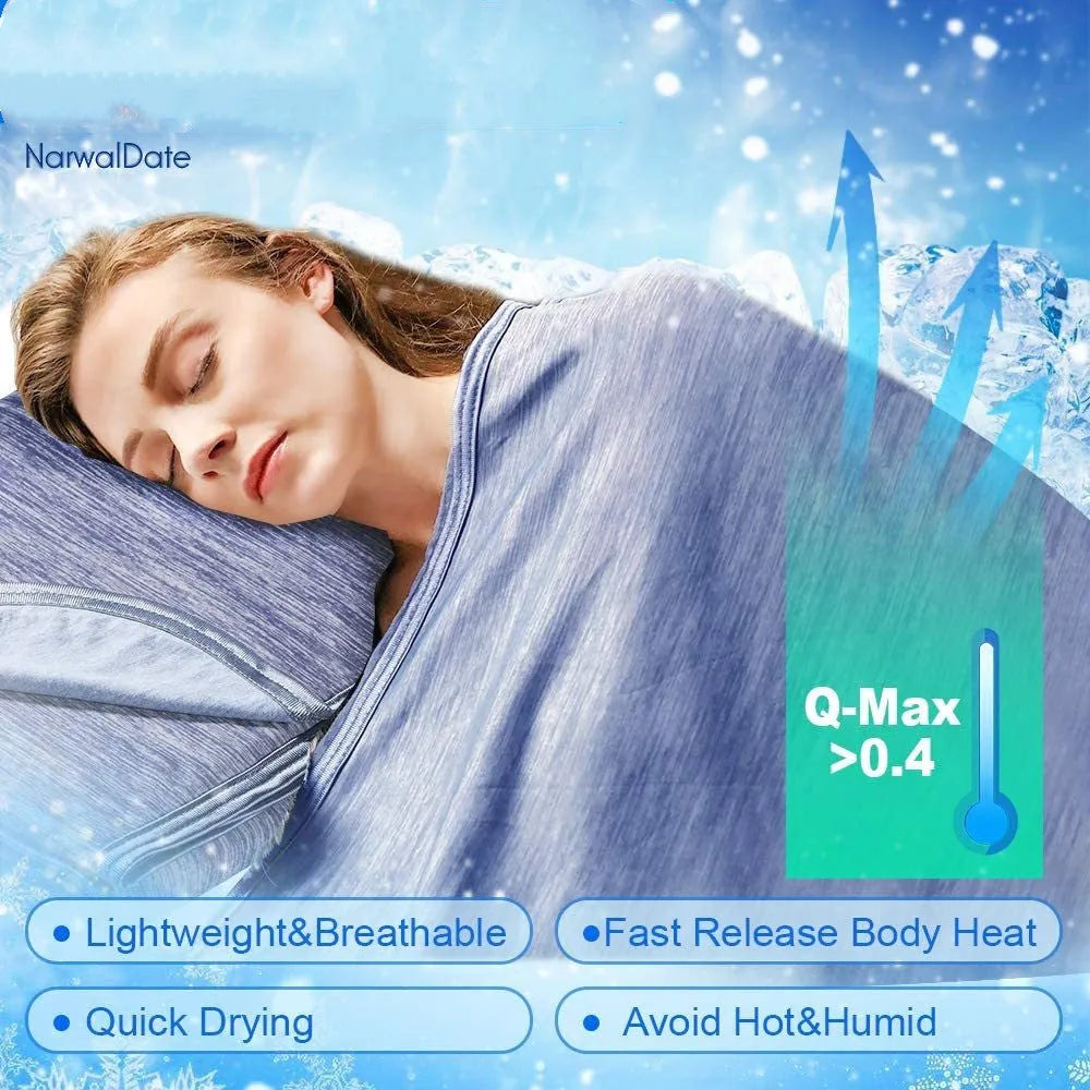 Blue cooling blanket with Japanese Q-Max 0.4 heat-absorbing fibres measuring 180cm wide
