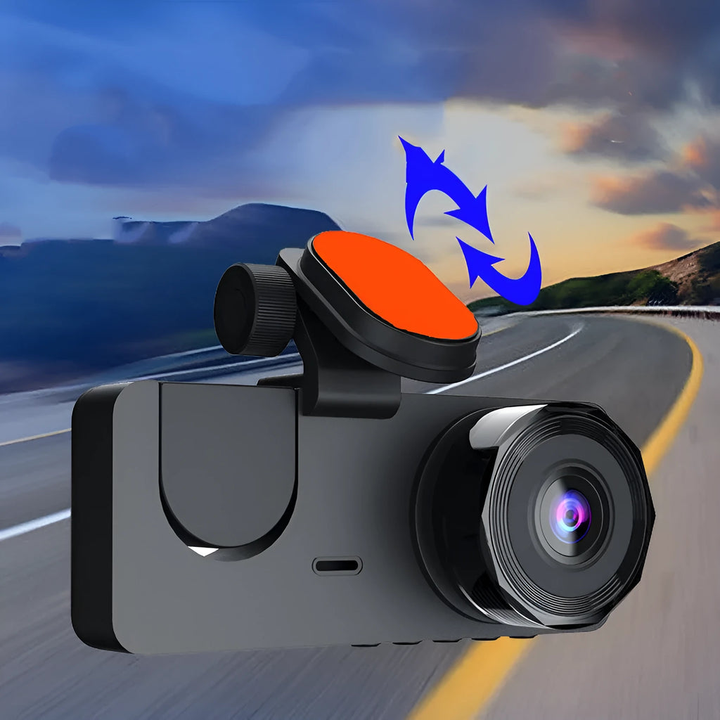 Black 1080P HD car dash cam with wide-angle lens for front and rear recording