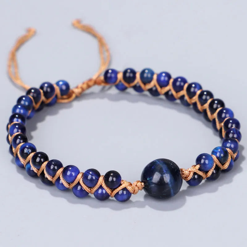 Hand-woven adjustable pull bracelet with 8mm blue tigereye or amethyst beads in geometry pattern