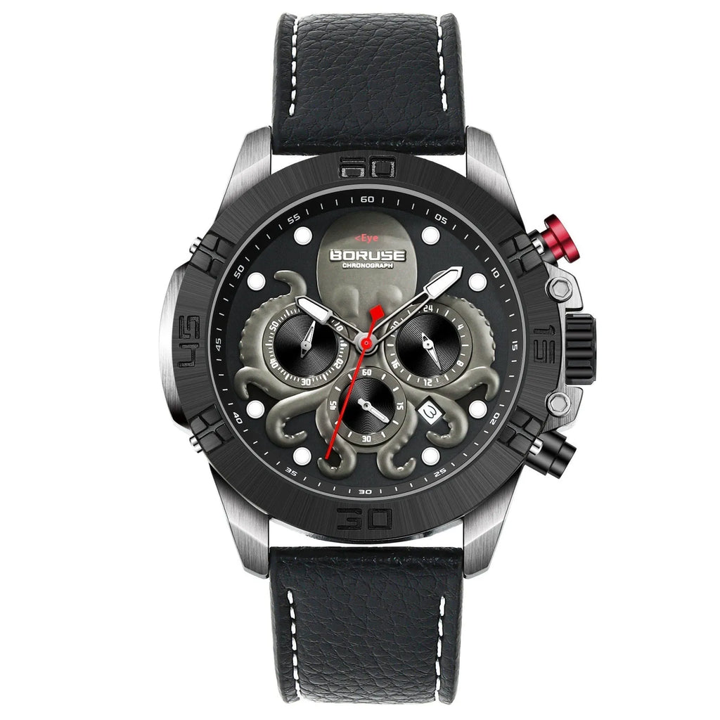 Men's waterproof quartz watch with octopus design and luminous feature in black or blue colour options