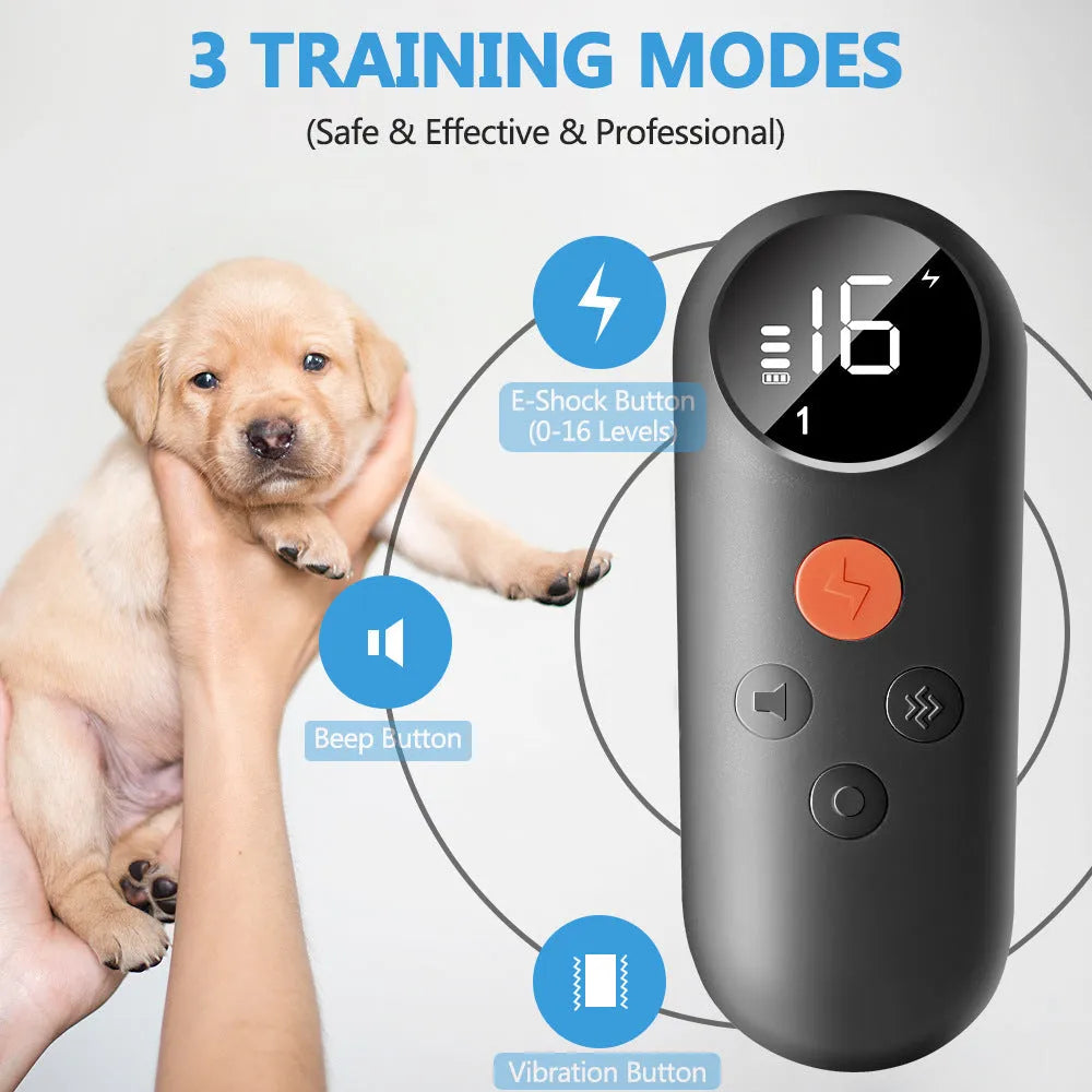 Colour screen bark stopper dog trainer in black or white with ABS housing, chain ring and rope included