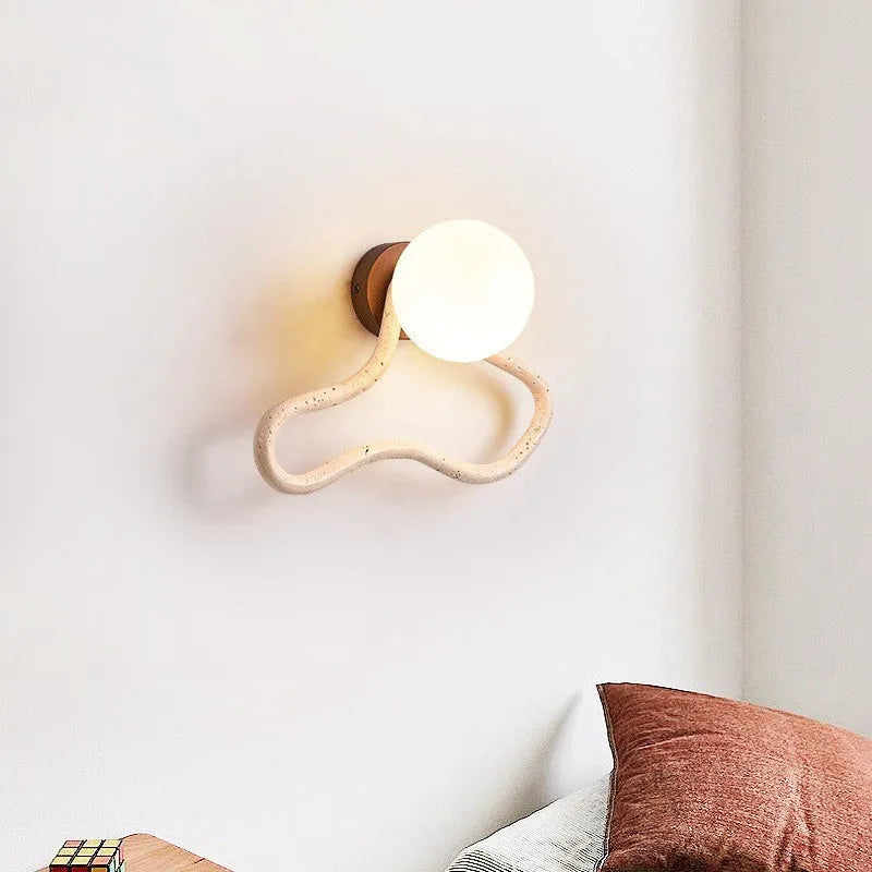 Middle Ancient style wall lamp with white travertine glass shade and solid wood base.