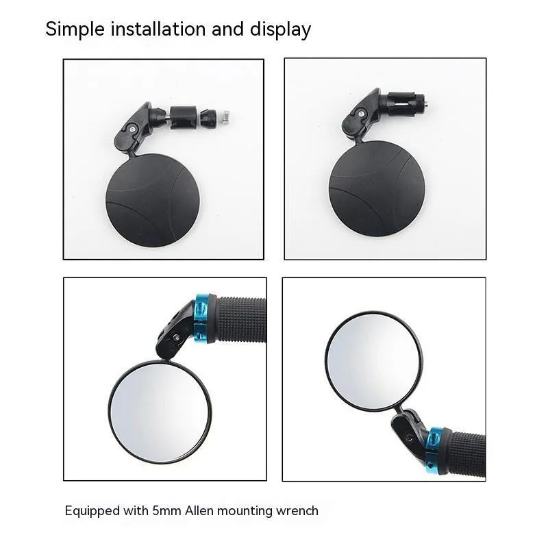 Black foldable convex rearview mirror showing 7cm diameter reflector and rotation mechanism