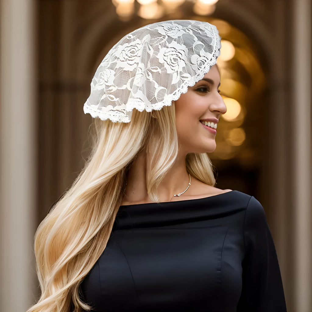 Round white wedding veil headpiece with floral design measuring 30cm in diameter
