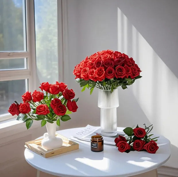 Red and white plastic artificial silk flower bouquet for home decoration