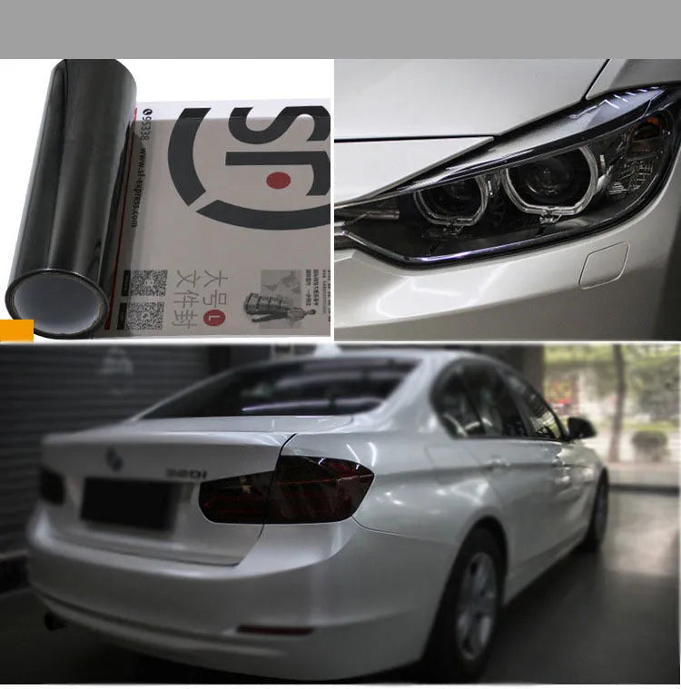30cm wide car headlight protective film roll showing TPU material and colour options including dark gray, black, and brown variants