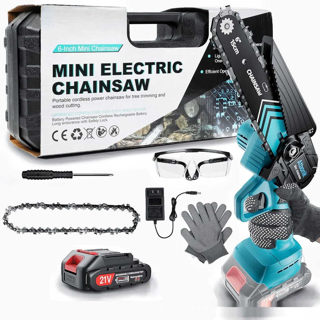 Handheld wireless electric chainsaw with 6-inch cutting chain, two batteries, safety goggles, and storage box