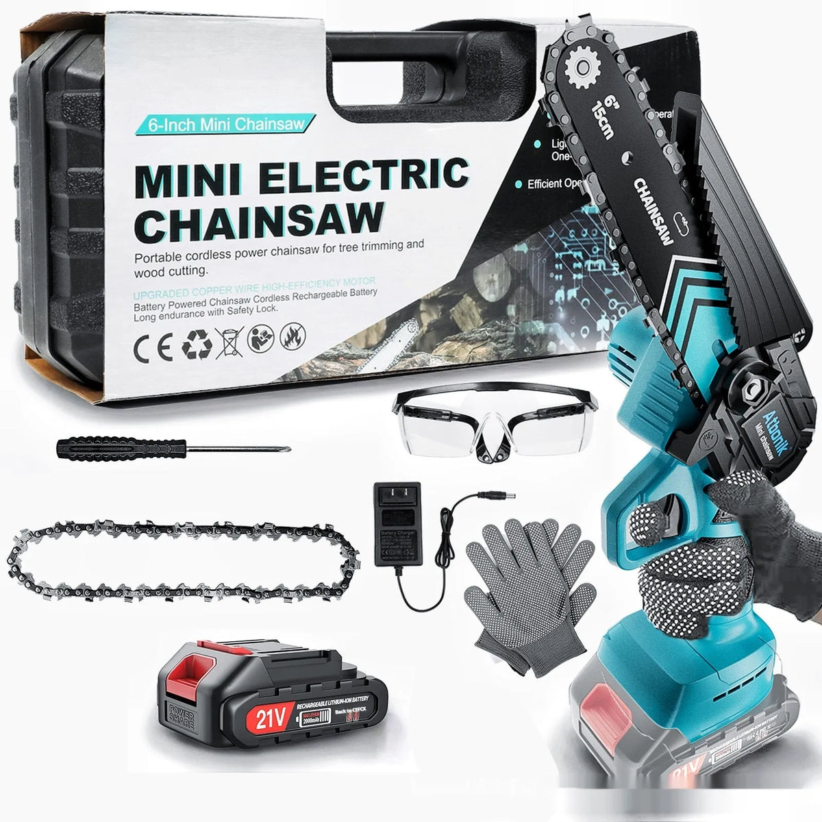 Handheld wireless electric chainsaw with 6-inch cutting chain, two batteries, safety goggles, and storage box