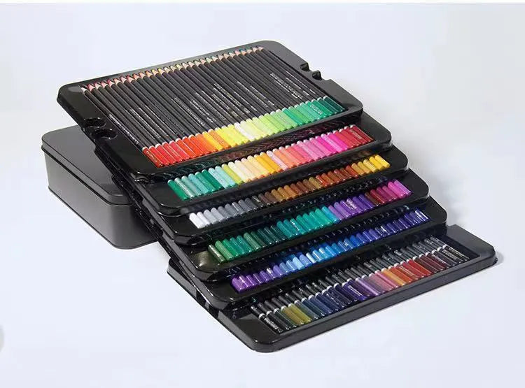 180 oil-based coloured pencils in wooden barrels stored in iron box for drawing and sketching