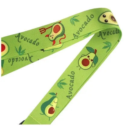 Fruit avocado cartoon print on a double-sided blue polyester lanyard with a silver metal buckle.