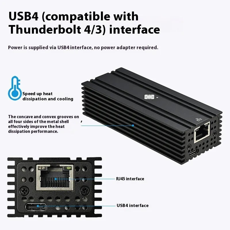 Leyu USB4 network adapter with 10 Gigabit Ethernet port, black colour, compact size with attached cable