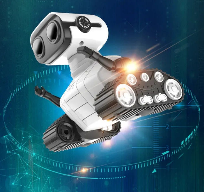 White plastic USB rechargeable remote control robot toy for children with handle remote, sound and light dancing, ages 7-14.