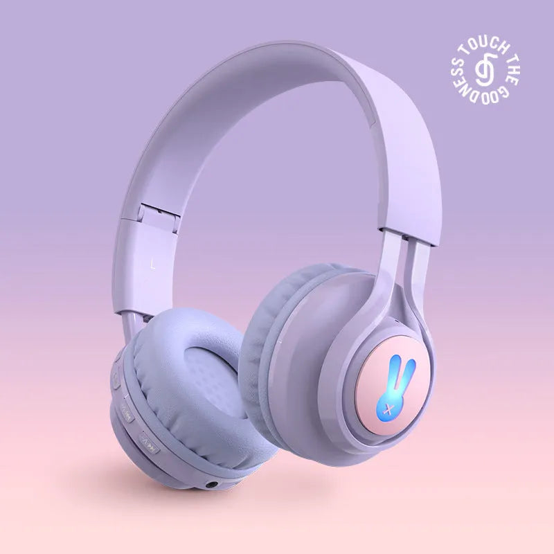 Wireless children's headphones with glowing RGB ears in bunny purple colour