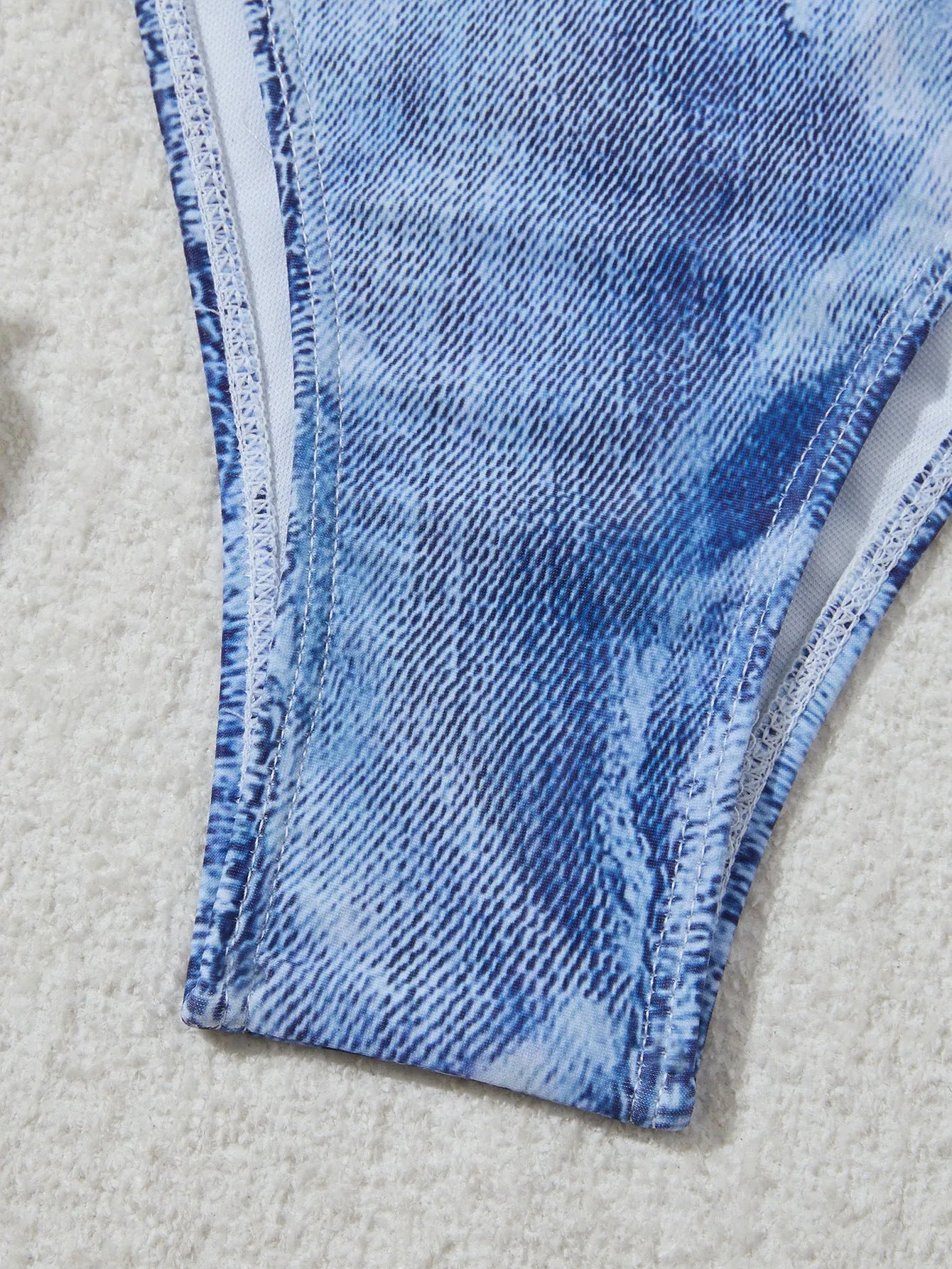 Women's denim blue bikini set with adjustable straps, showing front and back views on mannequin