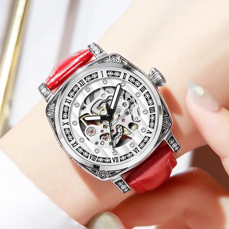 Leather strap mechanical watch with luminous hands showing 10m waterproof rating