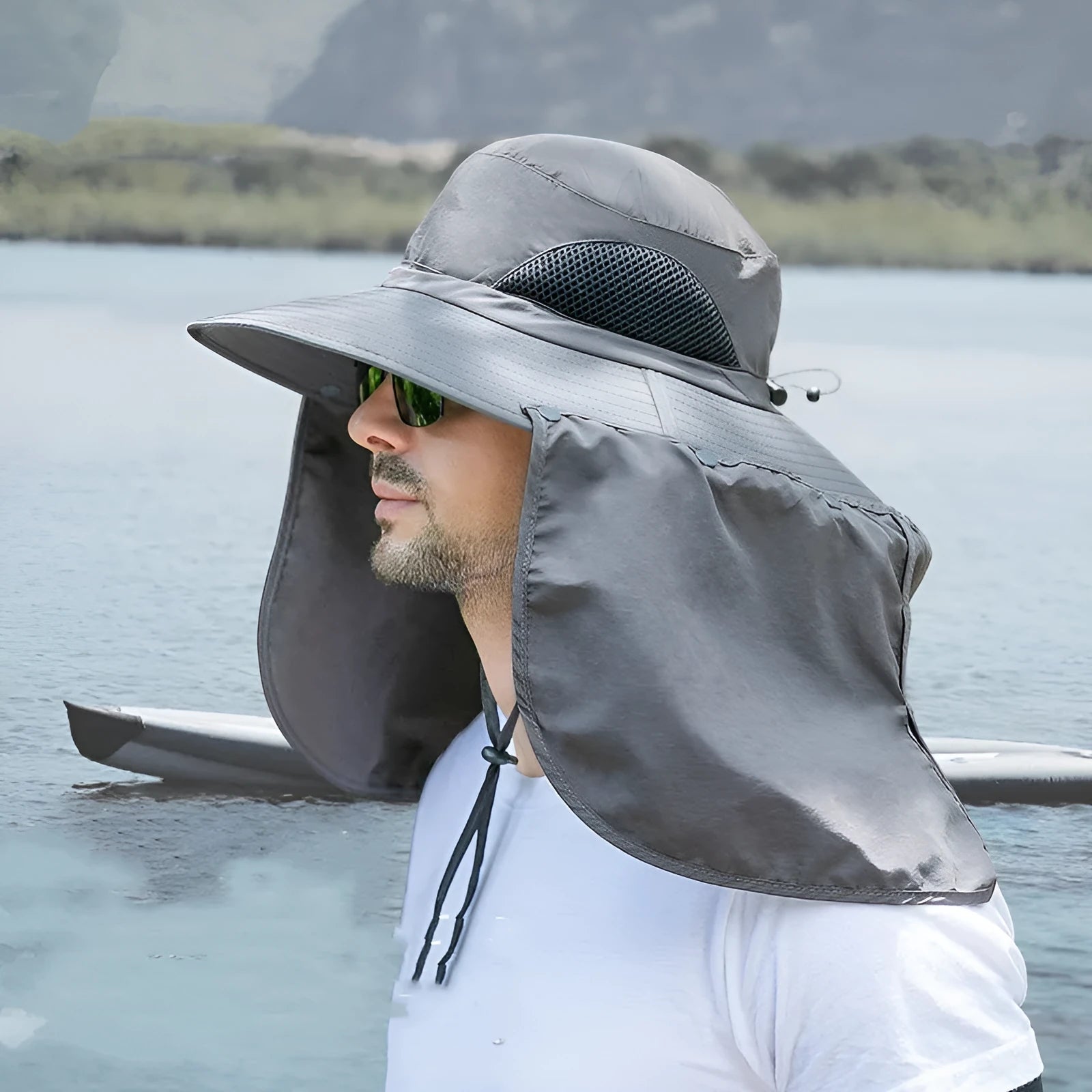 Nylon fisherman hat with neck sun protection in dome crown style, available in multiple colours