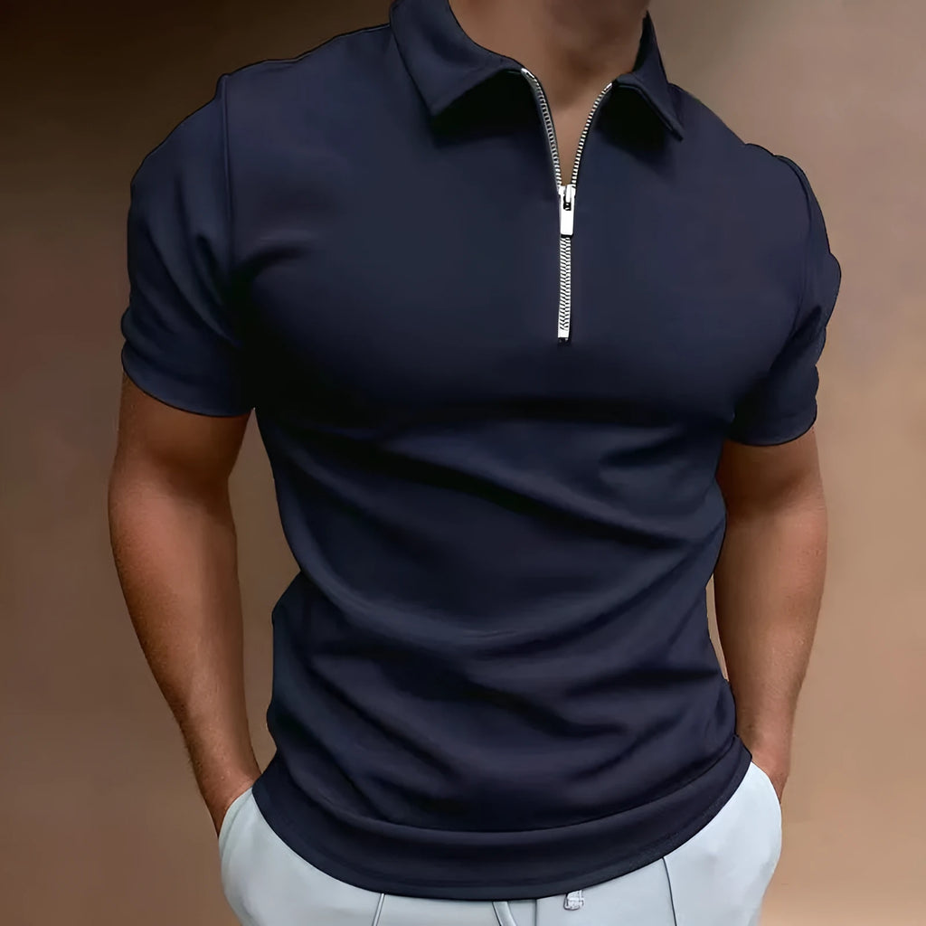 Men's casual digital print polo shirt in a loose fit, shown in one of seven available colours.