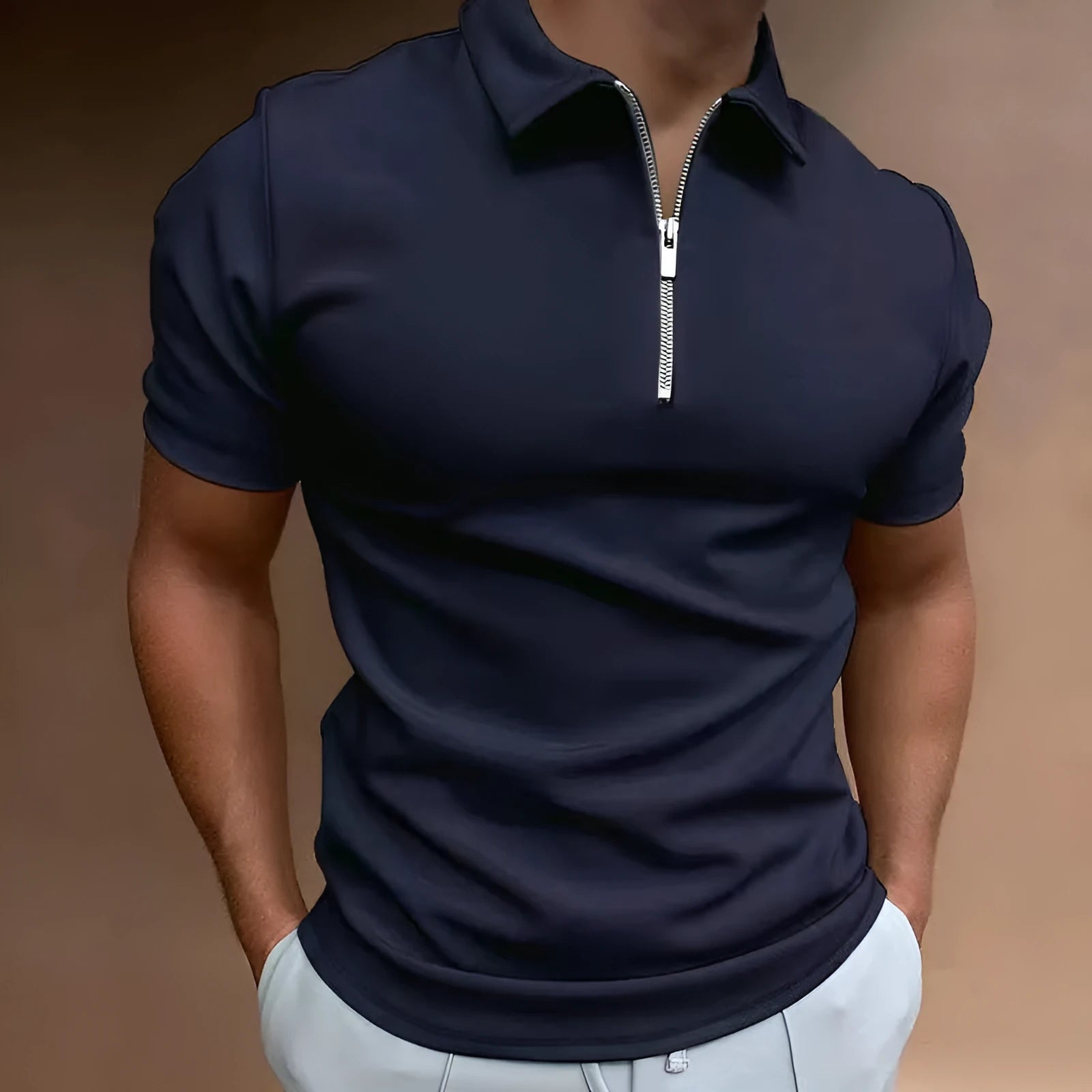 Men's casual digital print polo shirt in a loose fit, shown in one of seven available colours.
