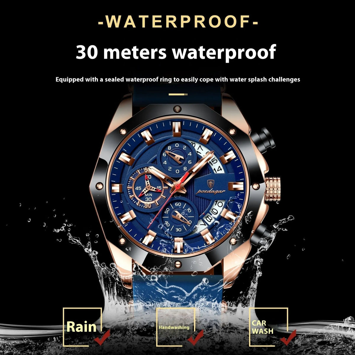 Men's chronograph watch with diamond-shaped dial on a silicone strap, showing rose gold case option.