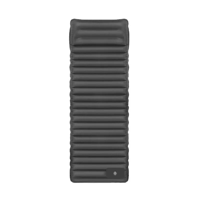 Portable inflatable camping mattress in grey, shown expanded to 195cm length with 10cm thickness.