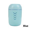 Round portable air purifier in blue, pink, or white with USB cable for vehicle or desktop use