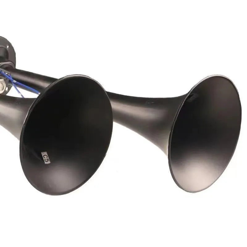 Black 12V 24V 300DB dual trumpet air horn kit with compressor for vehicle installation