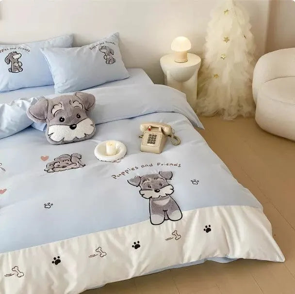Schnauzer cartoon pattern cotton bedding set with embroidery detailing on quilt cover and pillowcases