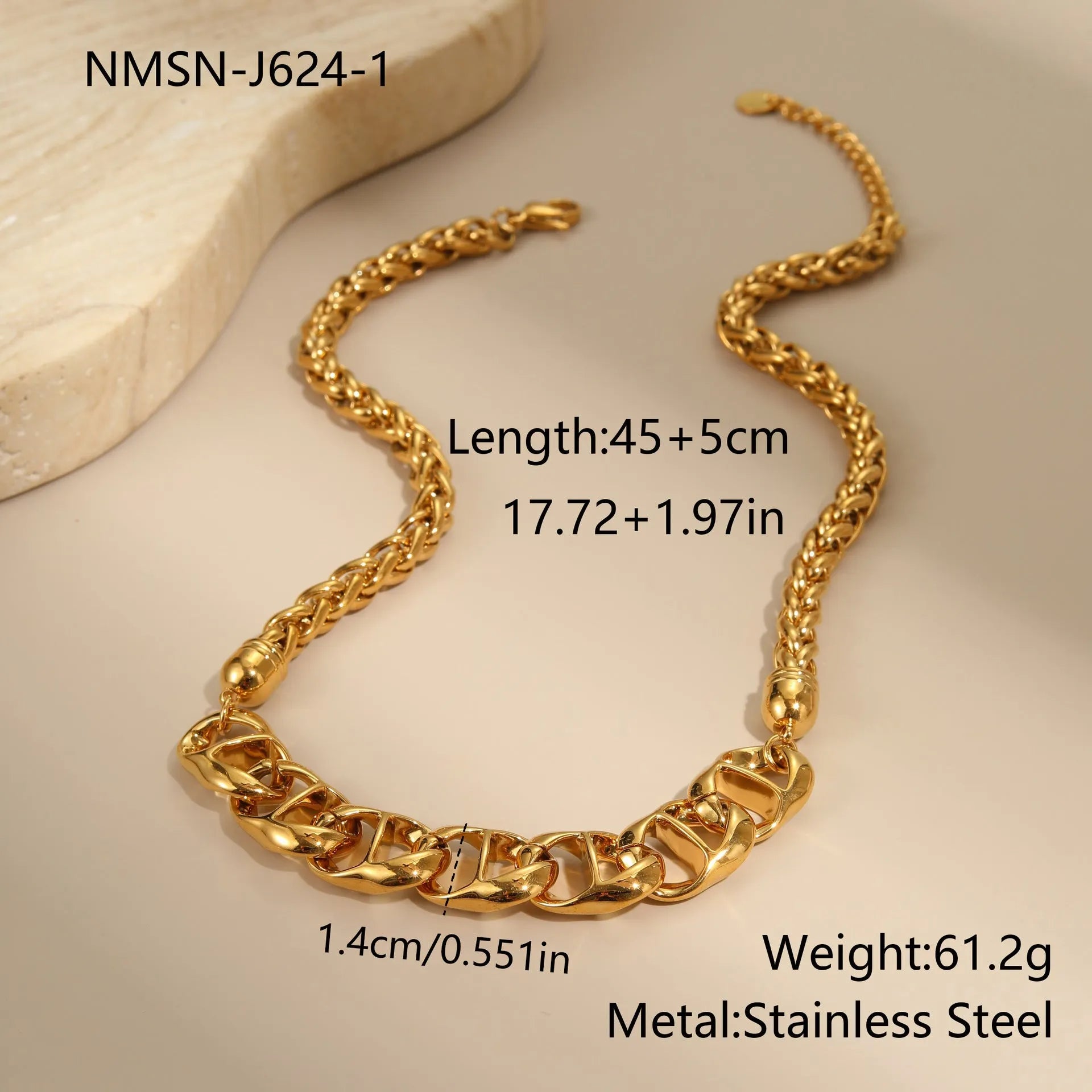 Stainless steel geometric necklace for women, shown in gold-plated and steel finish options.